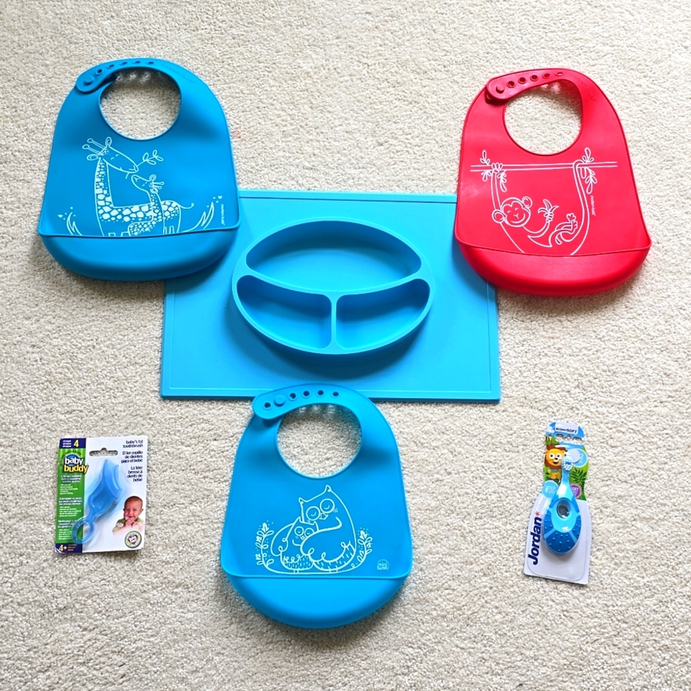 Feeding Bundle 3 Modern Twist Bibs, Silicone Placemat, 2 Baby Toothbrushes